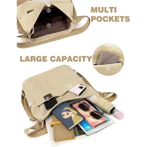 Corduroy Tote Bag for Women Convertible Backpack Crossbody Purse Shoulder Bag - Picture 6 of 7